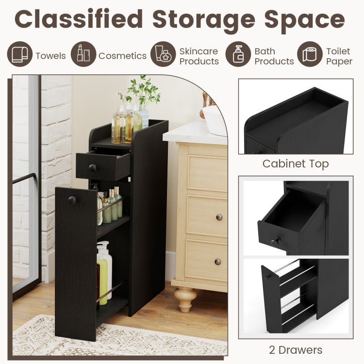 Small Bathroom Storage Cabinet 4-Tier with Slide Out Drawers on Casters-Black