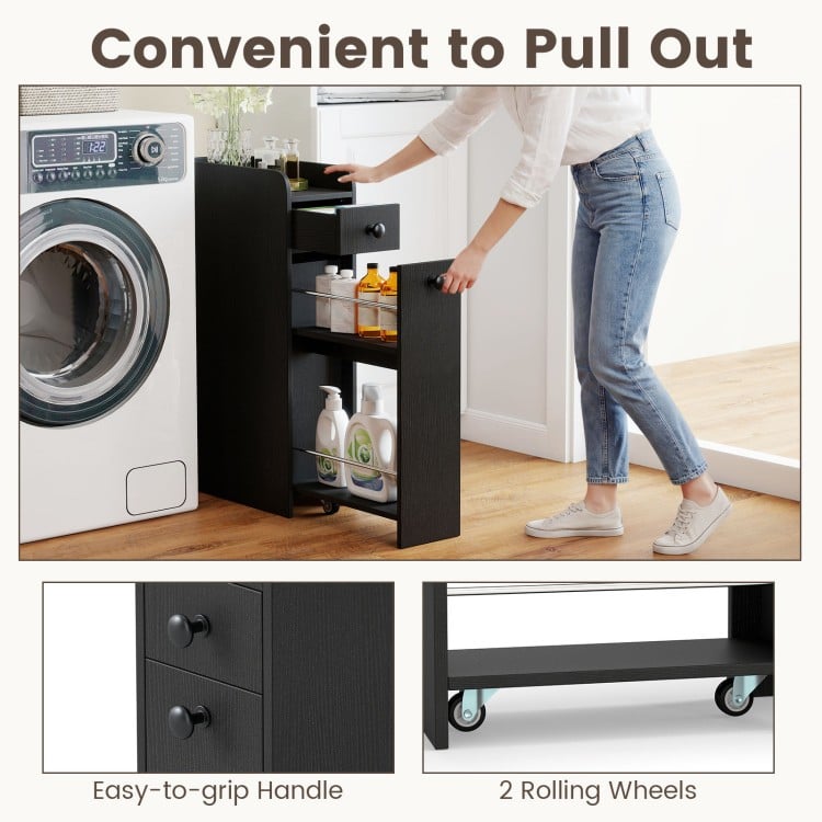 Small Bathroom Storage Cabinet 4-Tier with Slide Out Drawers on Casters-Black