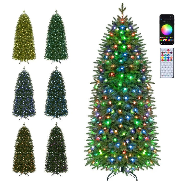 Smart Pencil Christmas Tree with 220 Pre-Lit RGB LED Lights – 7.4 ft Artificial Christmas Tree with App & Remote Control