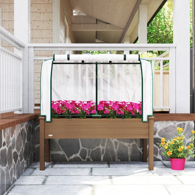 Raised Garden Bed with PE Greenhouse Cover Outdoor Elevated Wood Planter Box for Herbs and Vegetables Brown