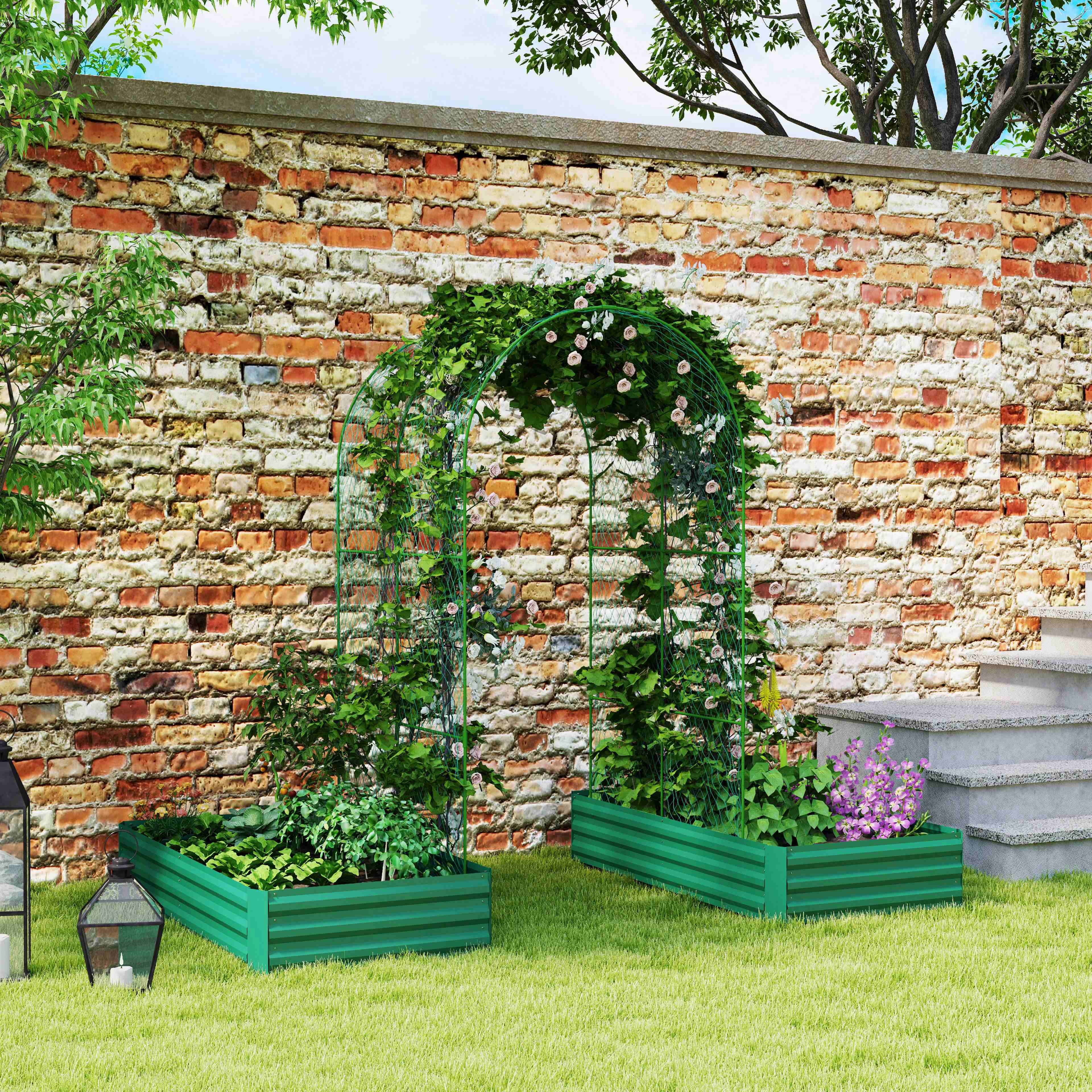 Outsunny Metal Raised Garden Bed with Trellis for Climbing Plants, Galvanized Garden Bed Kit Outdoor Garden Box with Trellis