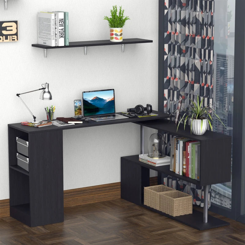 55" Corner Computer Desk, 360° Rotating L-Shaped Desk, Home Office Workstation with 3-Tier Shelves, Bookshelf, Black