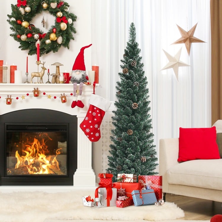 Snowy Artificial Pencil Christmas Tree with Pine Cones-5 ft