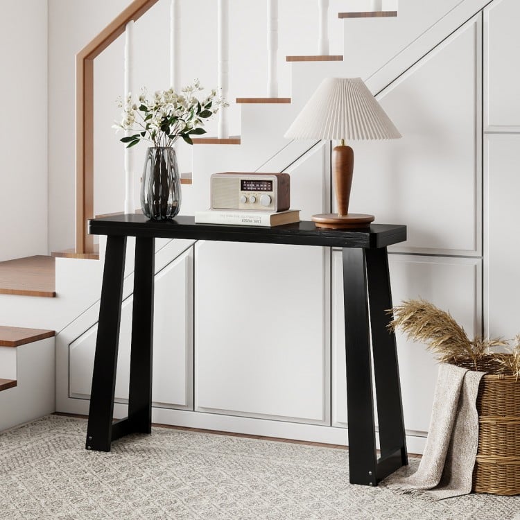 Solid Rubber Wood Console Table 43inch Narrow Entryway Table with Thick Tabletop and Stable Base-Black
