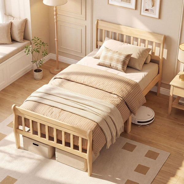 Solid Wood Platform Bed Frame with Slatted Headboard & Under-Bed Storage – Twin & Full, Natural/White