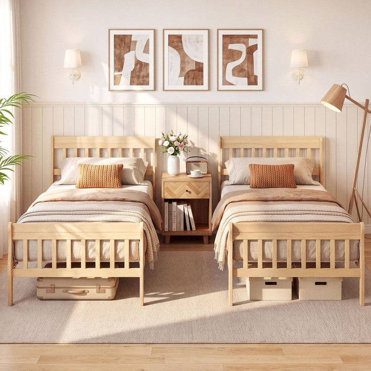 Solid Wood Platform Bed Frame with Slatted Headboard & Under-Bed Storage – Twin & Full, Natural/White