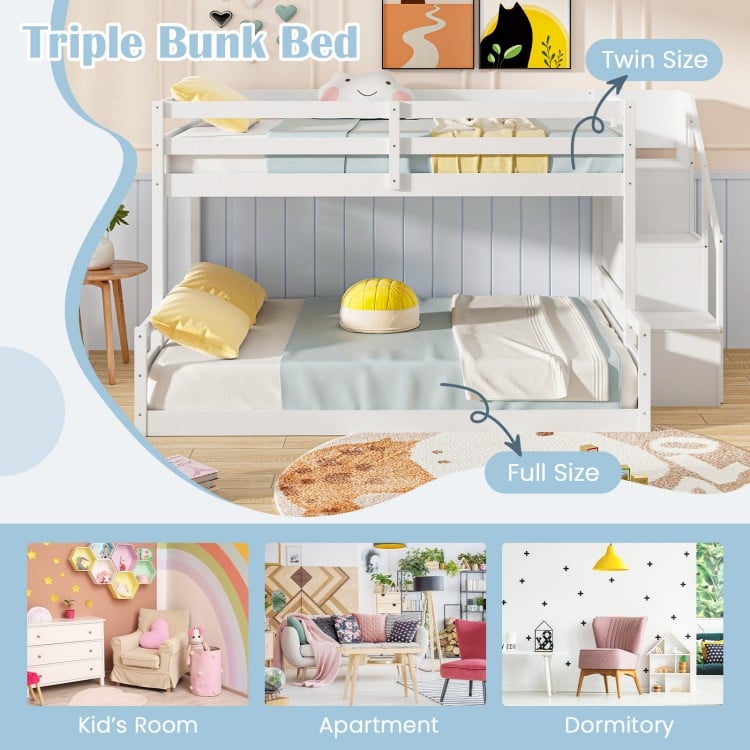 Solid Wood Twin Over Full Low Bunk Bed with Storage Stairs-White