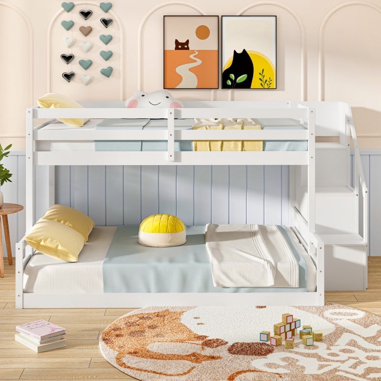 Solid Wood Twin Over Full Low Bunk Bed with Storage Stairs-White