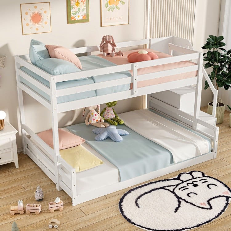 Solid Wood Twin Over Full Low Bunk Bed with Storage Stairs-White