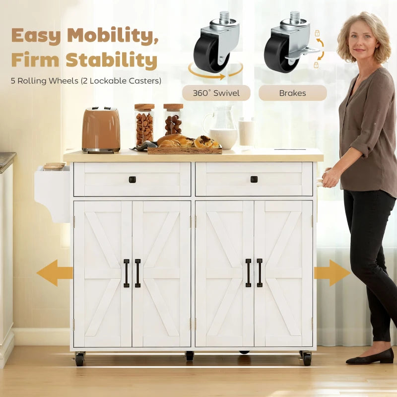 Kitchen Island with Storage, Rolling Kitchen Cart with Charging Station, Drop Leaf, Spice Rack, Towel Rack, Drawers