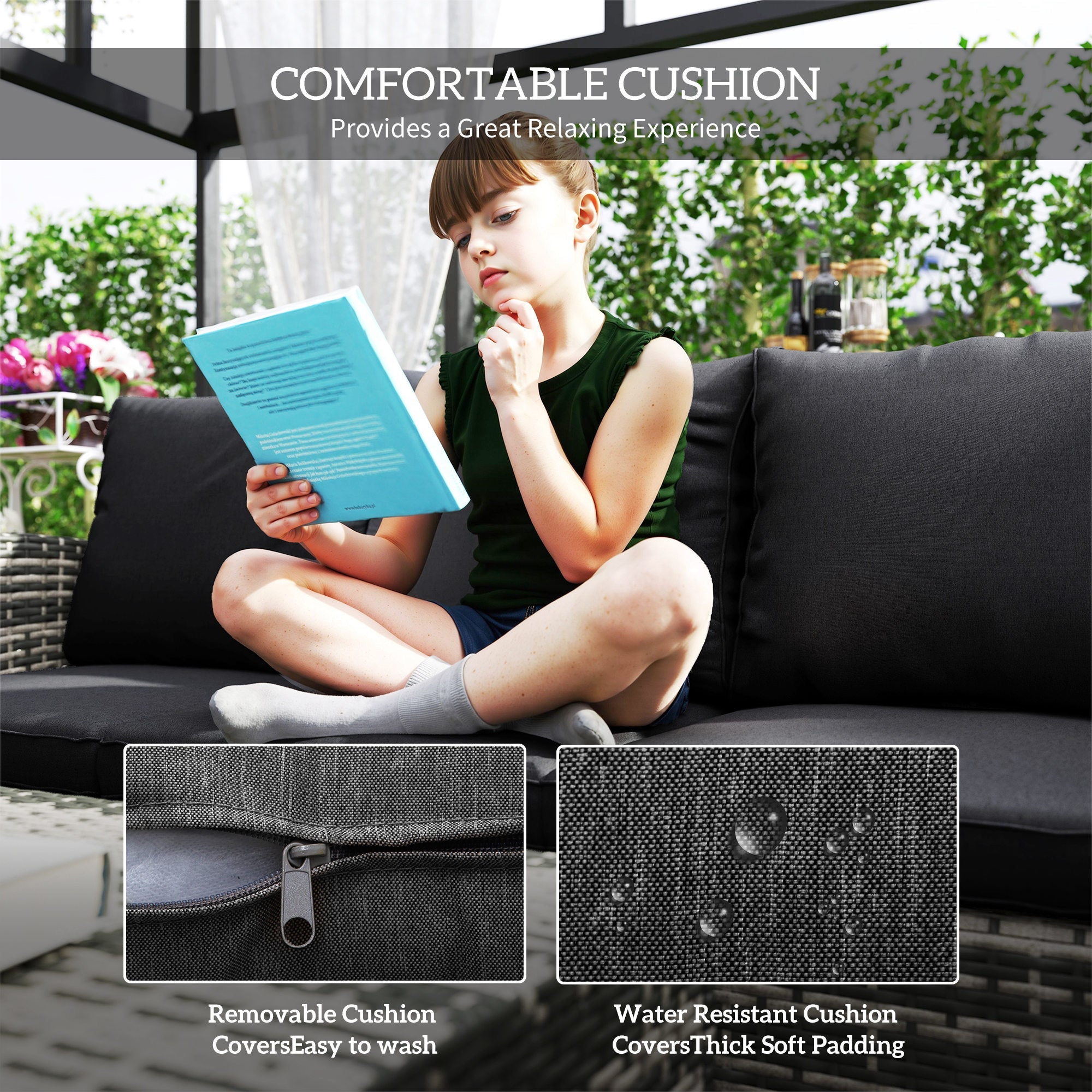 Outsunny 6 Piece Patio Furniture Set, Rattan Wicker Patio Sofa Set Sectional Outdoor Conversation Sofa Set Storage Table & Cushions, Black