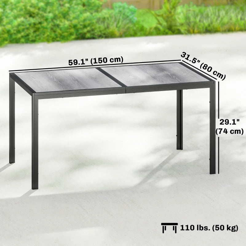 Outdoor Dining Table for 4-6, 59" Outdoor Patio Table with Metal Legs, Wood-Effect Top, Grey