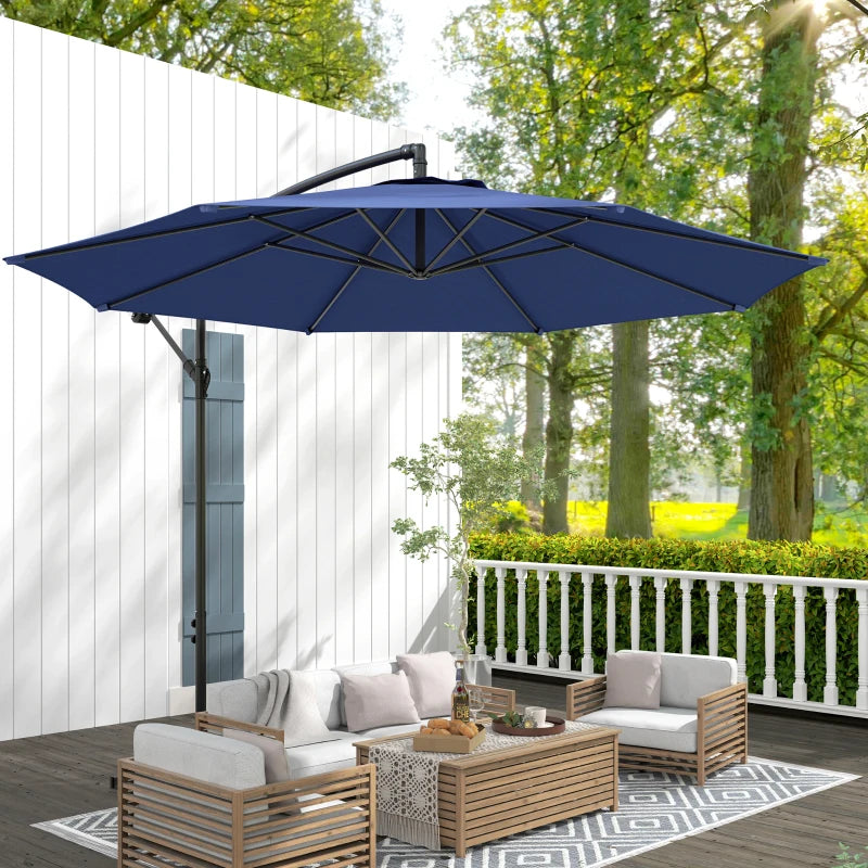 9.7ft Offset Patio UmbrellaCantilever Parasol with Crank Handle, 8 Ribs and Cross Base for Outdoor, Sun Shade, Blue