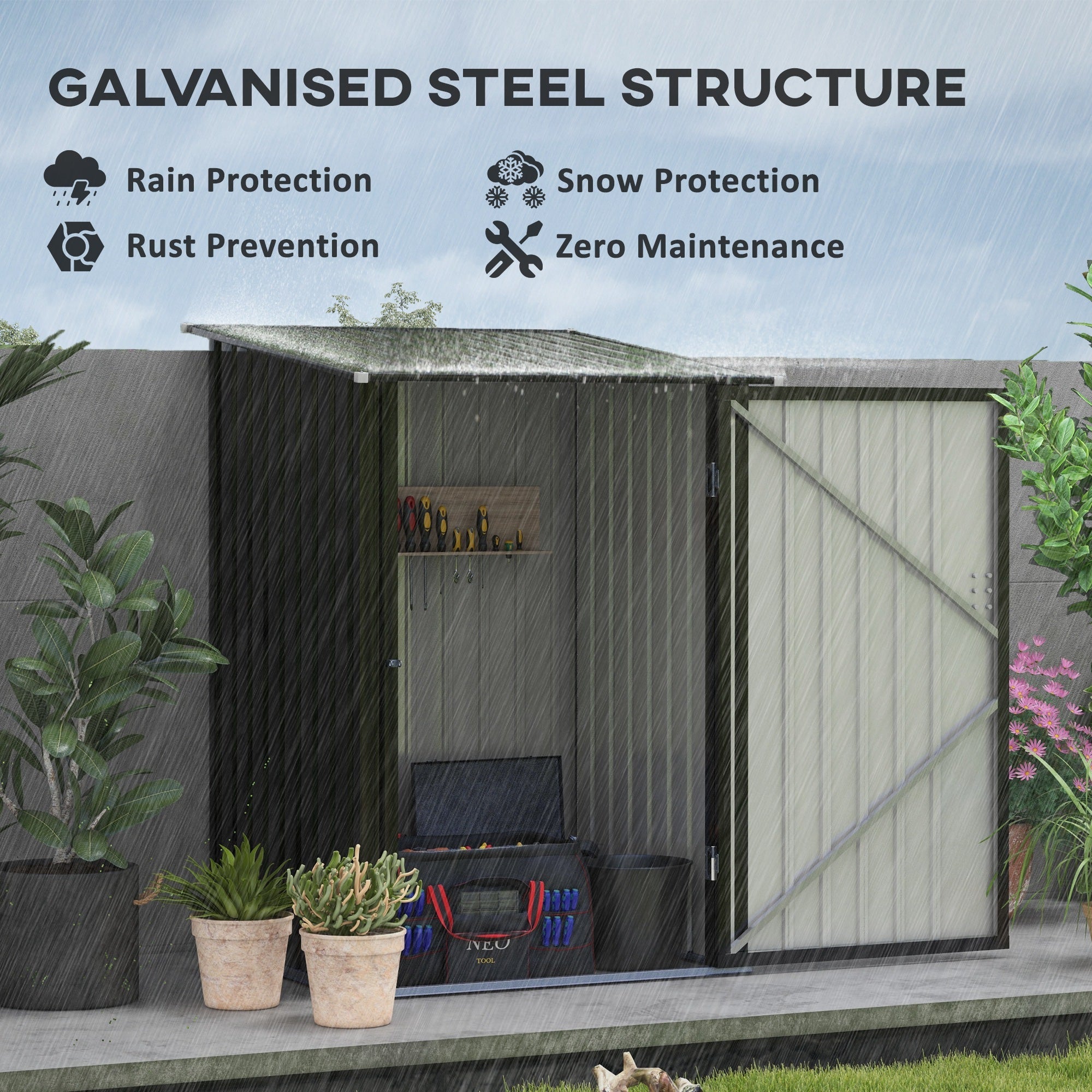 Outsunny 3.3' x 3.4' Lean-to Garden Storage Shed, Outdoor Galvanized Steel Tool House with Lockable Door for Patio Garden Backyard Lawn
