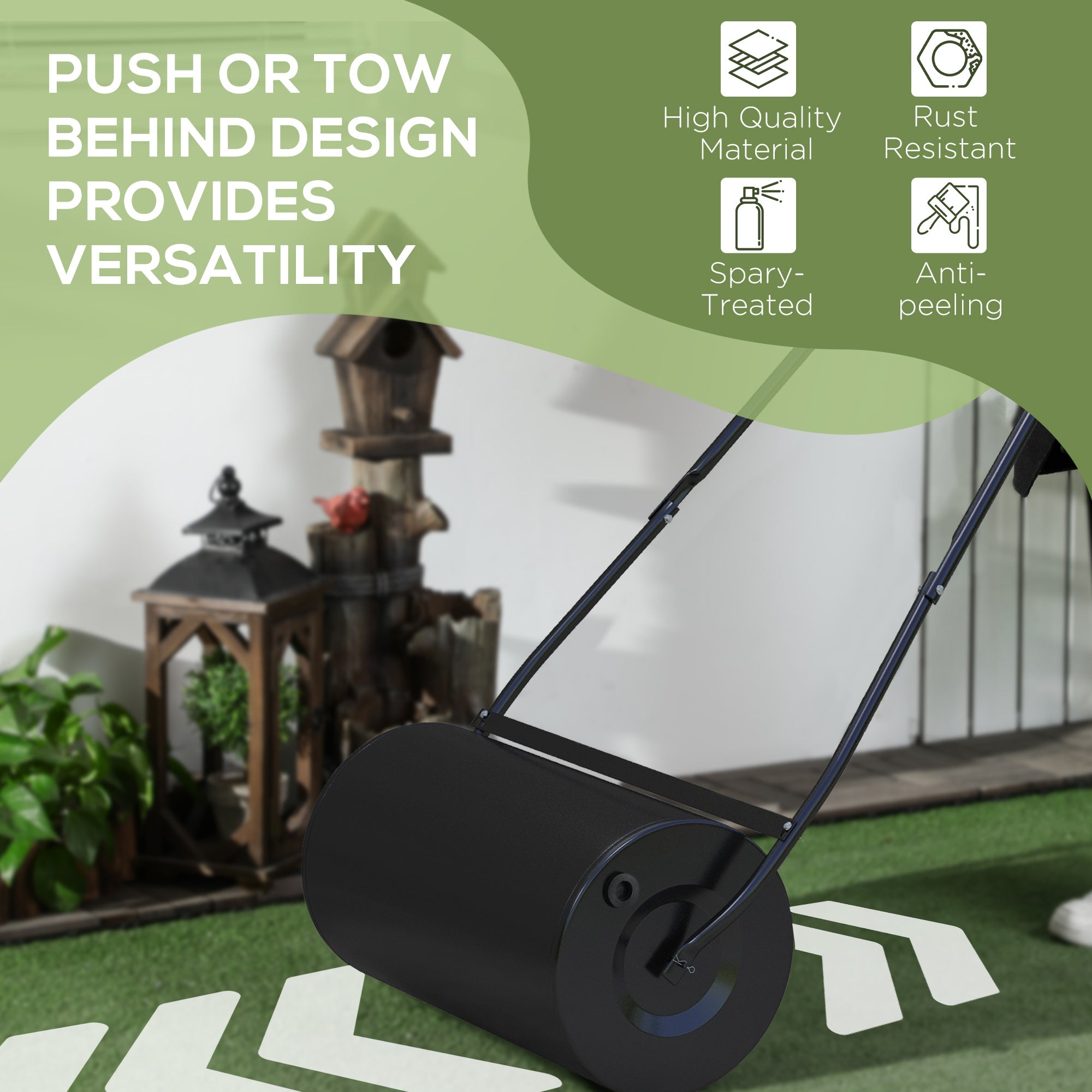 Outsunny Lawn Roller Heavy Duty, Push/Tow Design, Fillable with Water/Sand for Garden Maintenance - Black