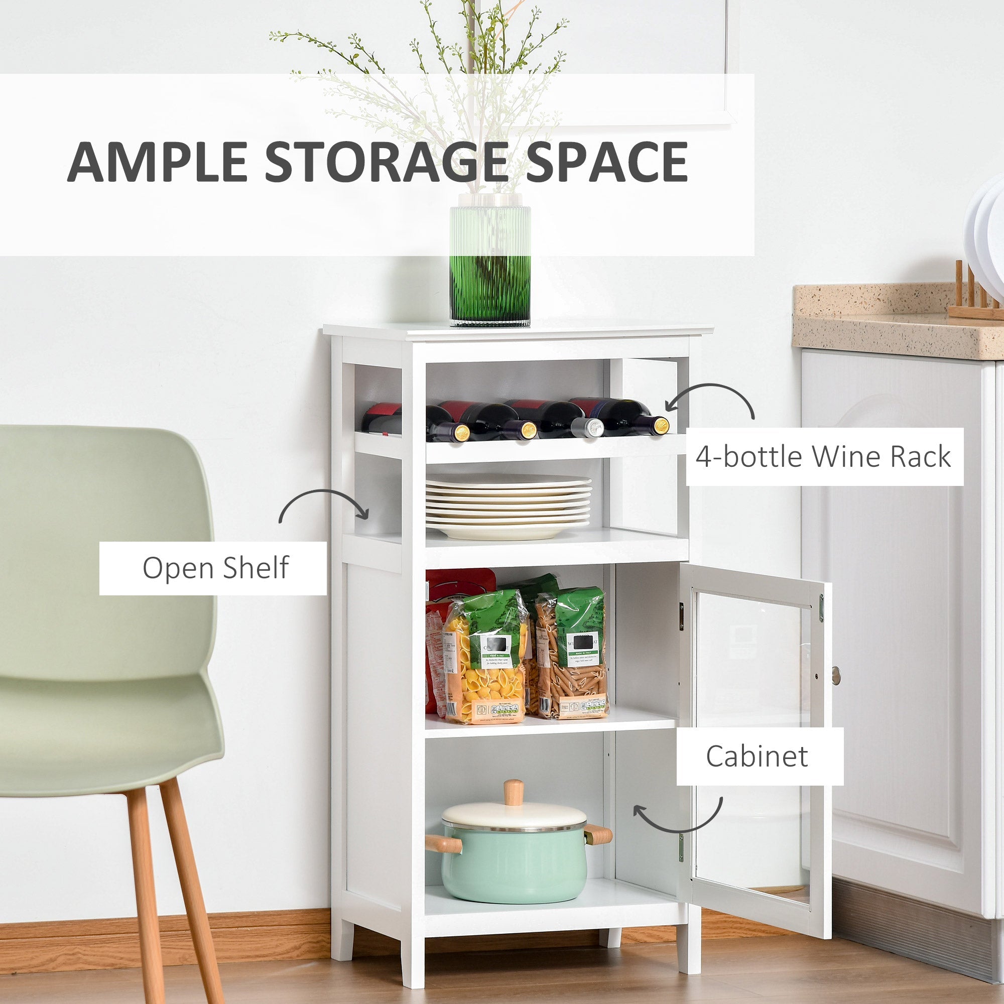 HOMCOM Wine Cabinet 4 Bottle Wine Rack Open Shelf Acrylic Door Cabinet Adjustable Shelf Home Bar White Furniture