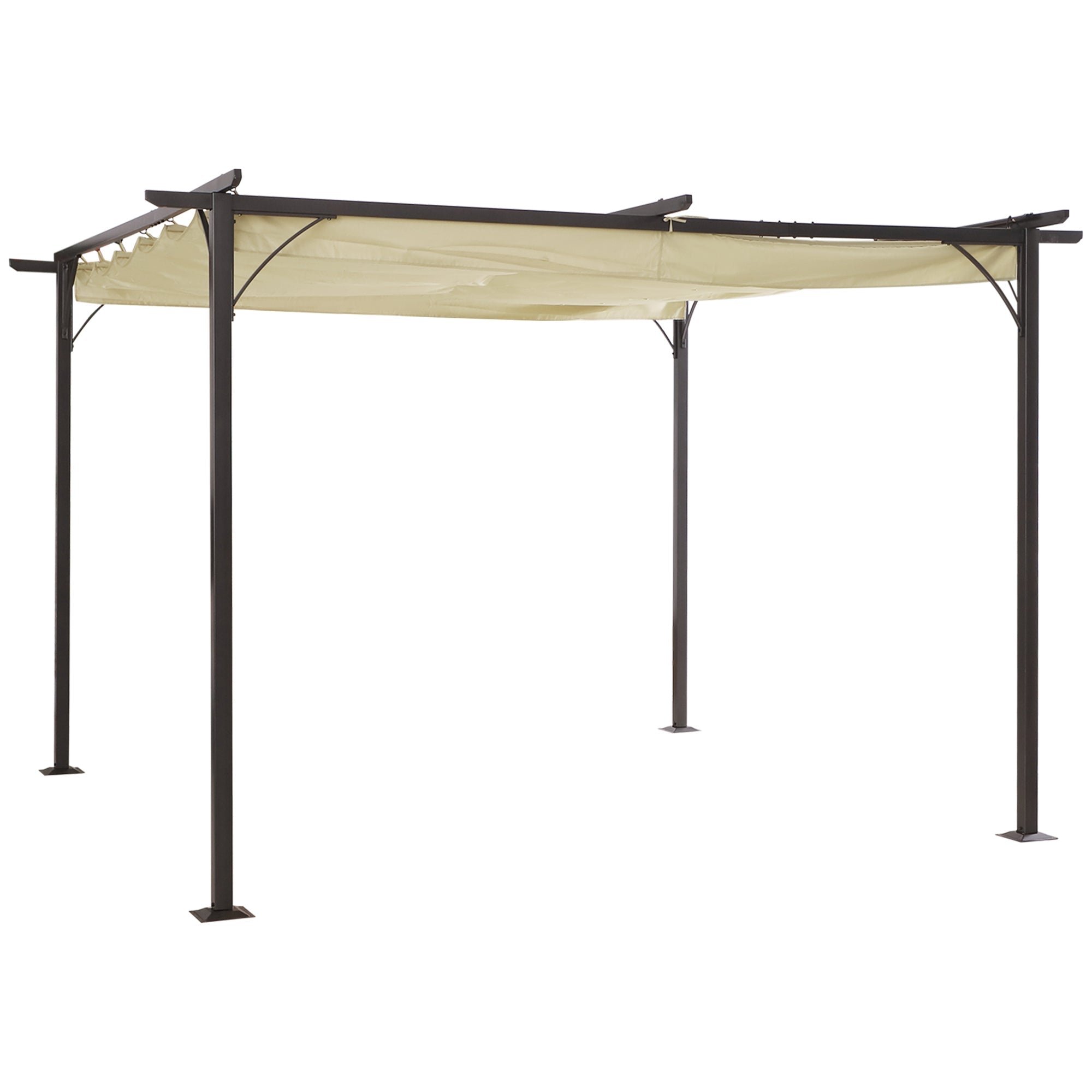 Outsunny 11.5' Pergola Retractable Gazebo Shade Deck Shelter with Steel Frame, Polyester Square Canopy, Beige