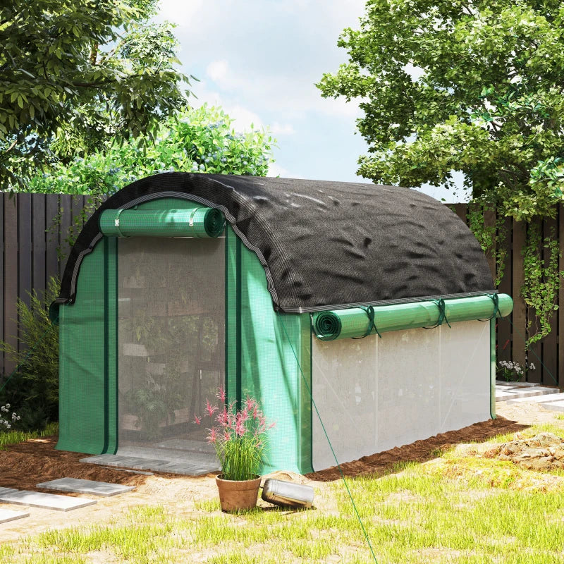 Walk-in Tunnel Greenhouse, Plant Hot House with Sunshade Net, Roll-up Mesh Sidewalls, 2 Doors, 6.6' x 10' x 6.5' , Green