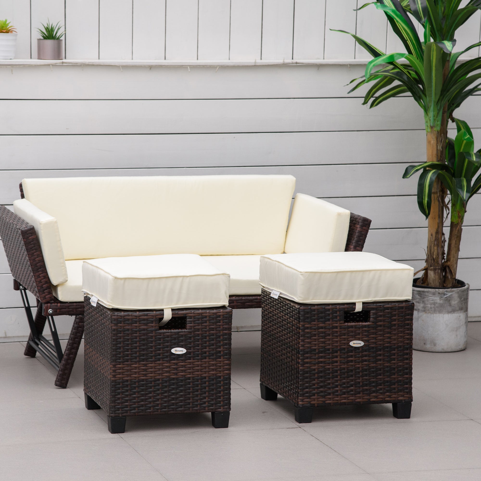 Outsunny Rattan Ottoman Set 2 Cushions Steel Frame Outdoor Footrest Patio Garden Furniture Brown