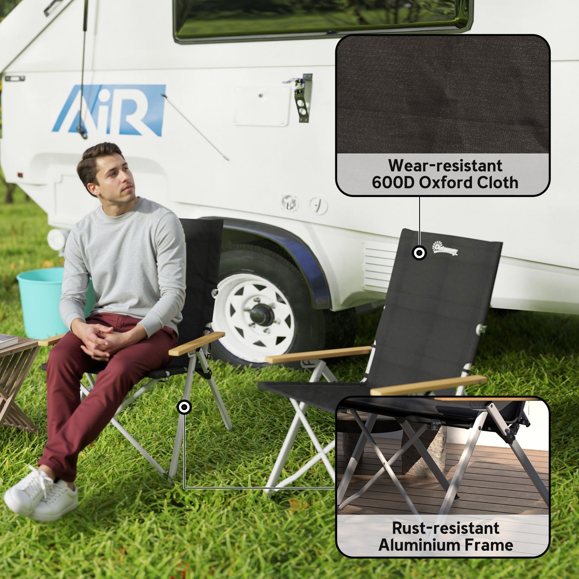 Outsunny Camping Chairs 2 Pack, Portable Folding Camp Chair with Padded Seat and Bag, Outdoor High Back Recliner, Black