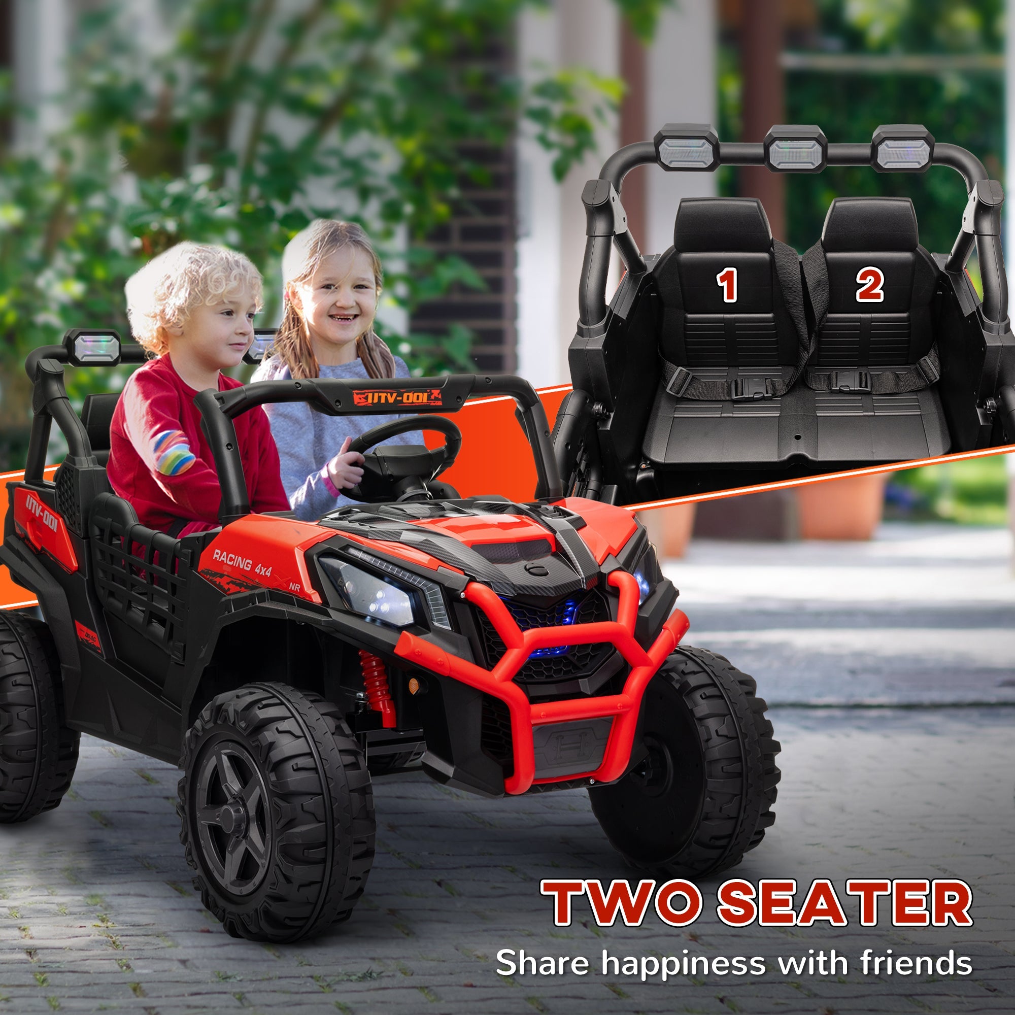 Qaba 2 Seater 24V Electric Car for Kids w/ Remote Control, 3 Speed, LED Lights, Music, Horn, Spring Suspension, Red