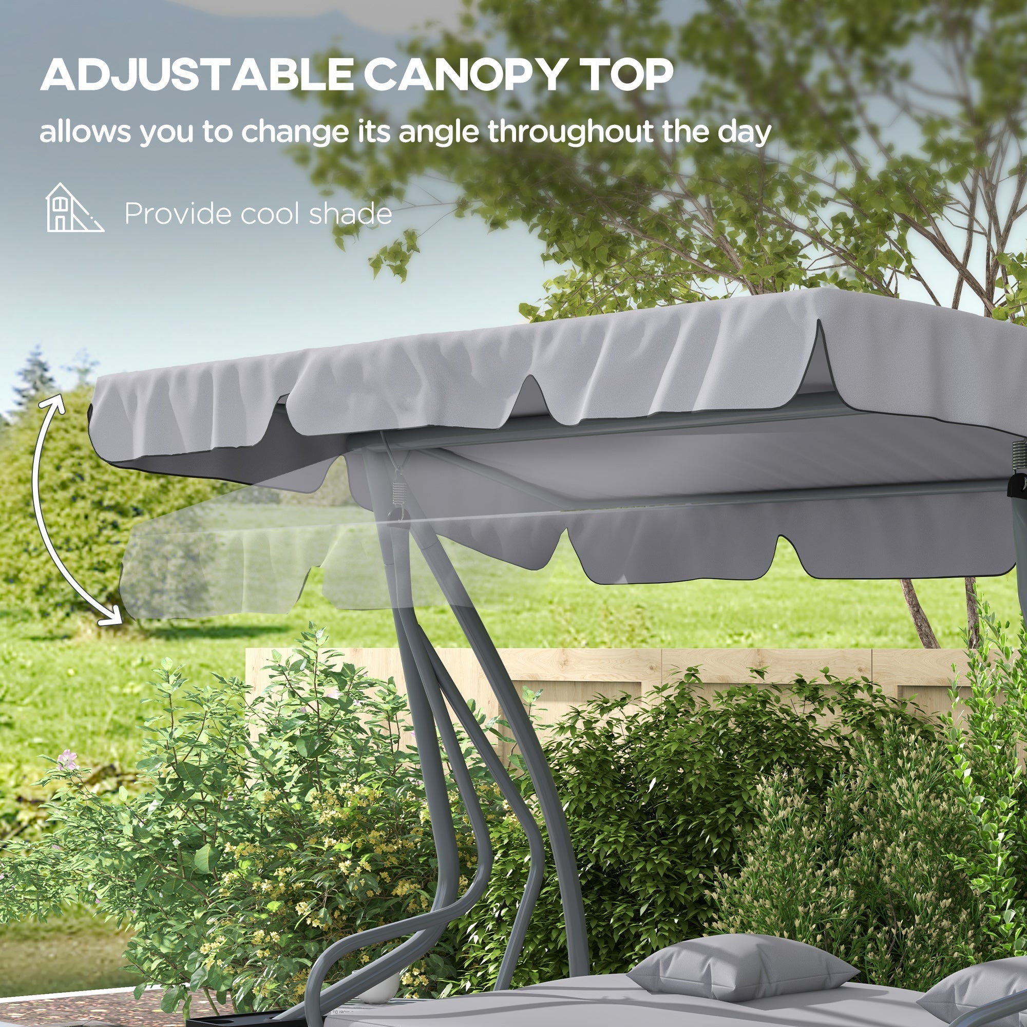 Outsunny Outdoor 3-Seater Patio Swing Chair, Outdoor Swing Seat, with Adjustable Canopy and Two Pillows for Garden, Light Grey