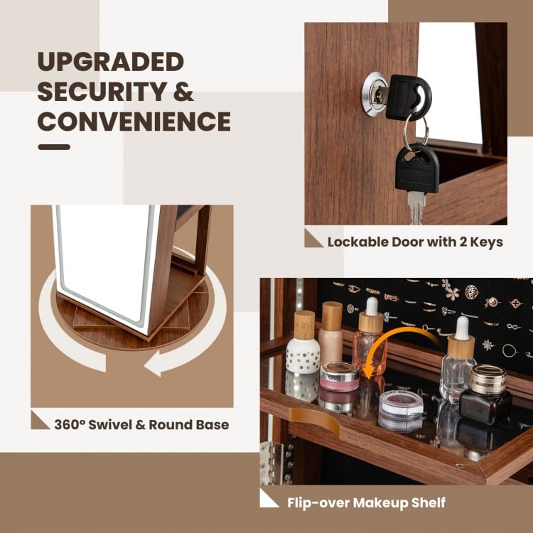 Standing Jewelry Cabinet with Adjustable LED Lights-Brown