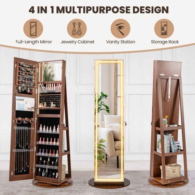 Standing Jewelry Cabinet with Adjustable LED Lights-Brown