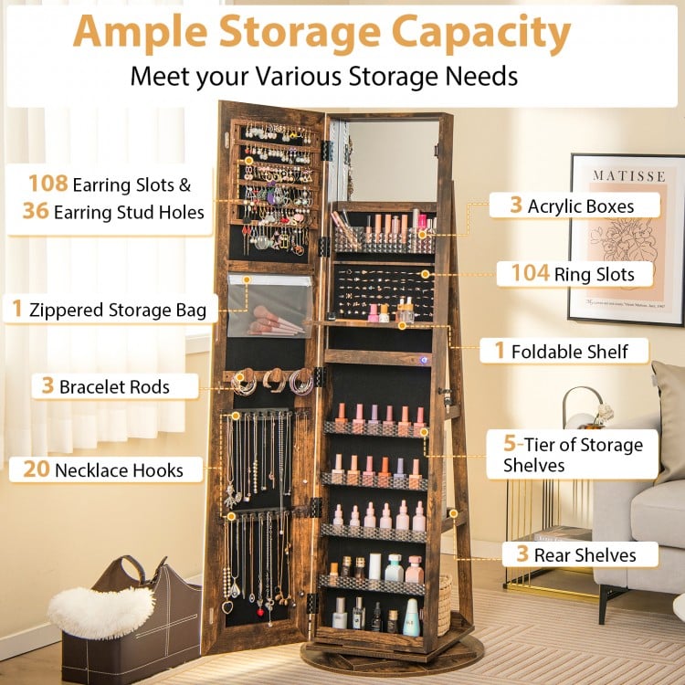Standing Jewelry Cabinet with Adjustable LED Lights-Coffee