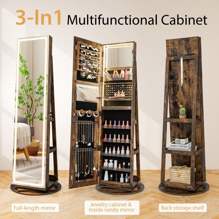 Standing Jewelry Cabinet with Adjustable LED Lights-Coffee