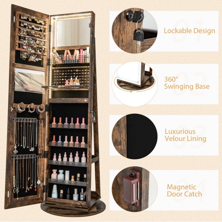 Standing Jewelry Cabinet with Adjustable LED Lights-Coffee
