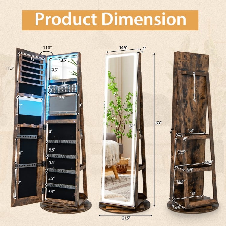 Standing Jewelry Cabinet with Adjustable LED Lights-Coffee