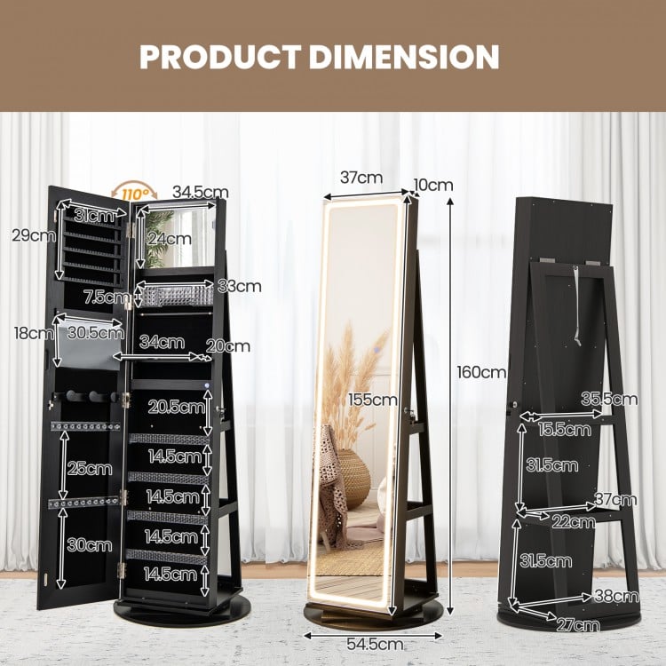 Standing Jewelry Cabinet with Adjustable LED Lights-Black