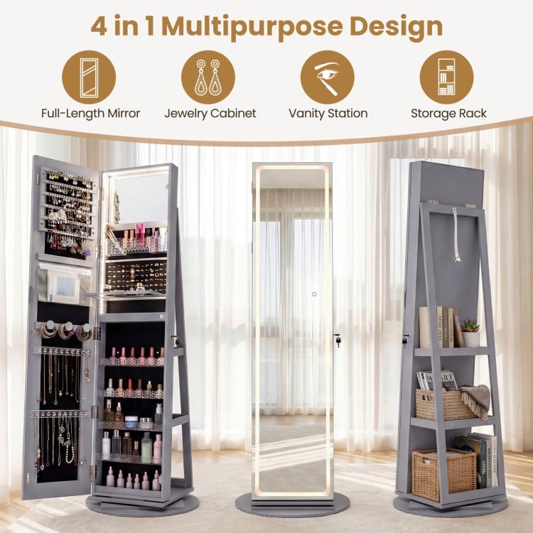 Standing Jewelry Cabinet with Adjustable LED Lights-Gray