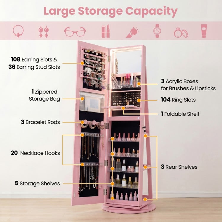 Standing Jewelry Cabinet with Adjustable LED Lights-Pink