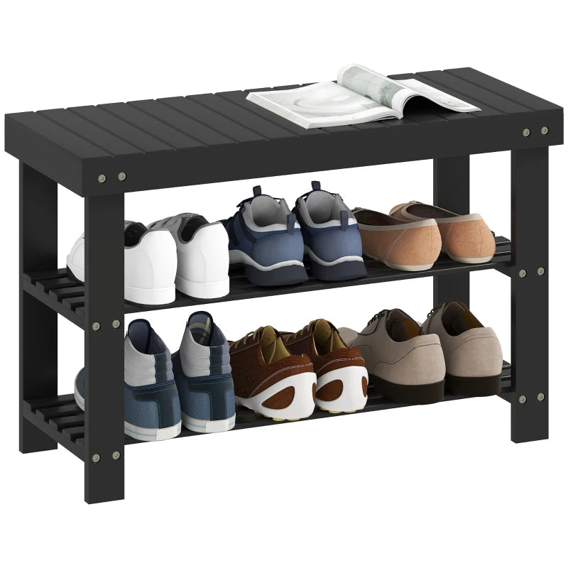 Bamboo Shoe Storage Bench, 3-Tier Entryway Bench with 2 Storage Shelves for Hallway, Holds 6 Pairs, Black