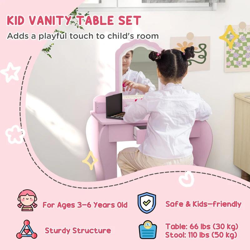 Qaba Makeup Vanity with Mirror and Stool, Cloud Design, Drawer, Storage Boxes, for 3-6 Years Old, Pink