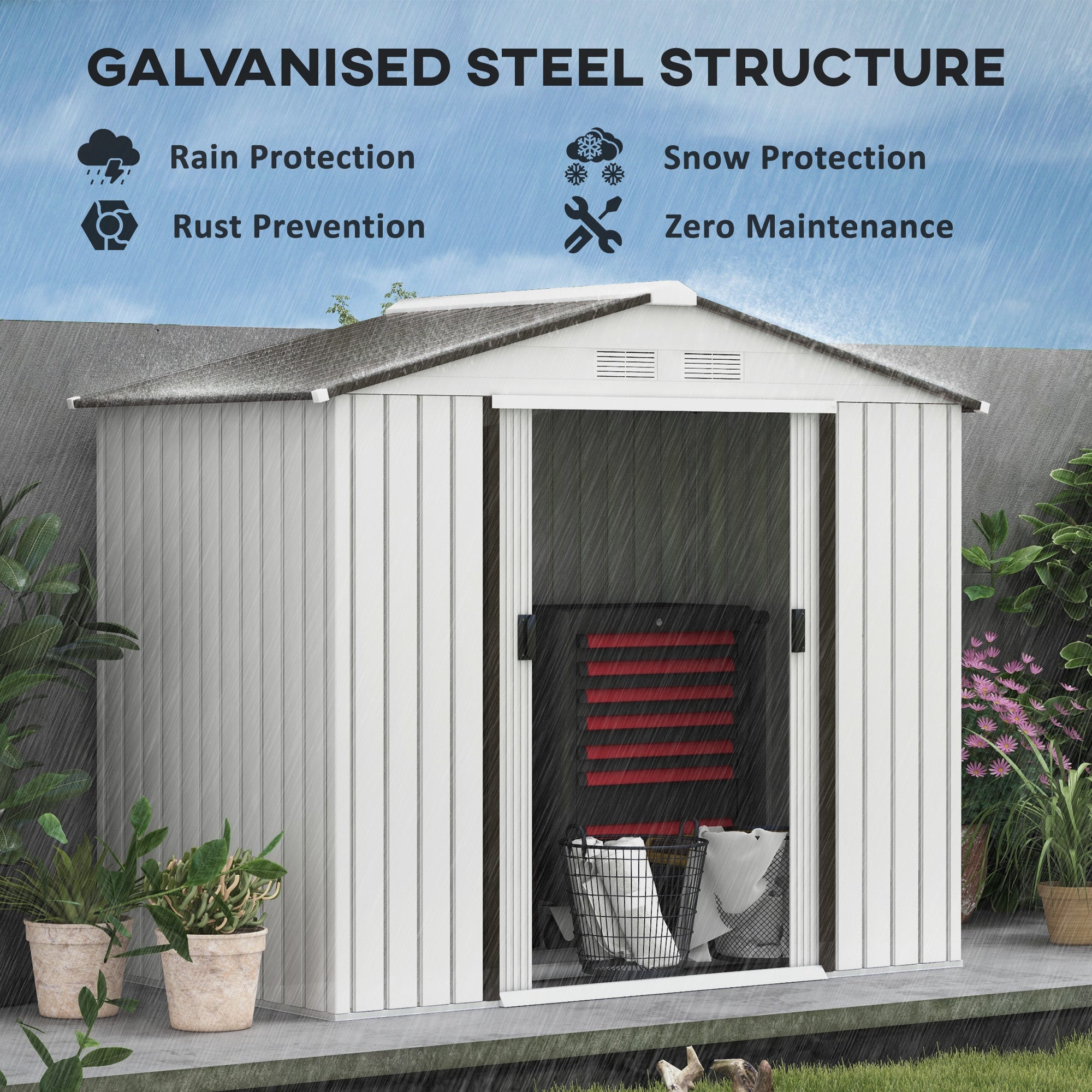 Outsunny 7'x4.3'x6.1' Metal Garden Shed: Outdoor Tool Storage with Foundation, Double Doors in Silver Finish