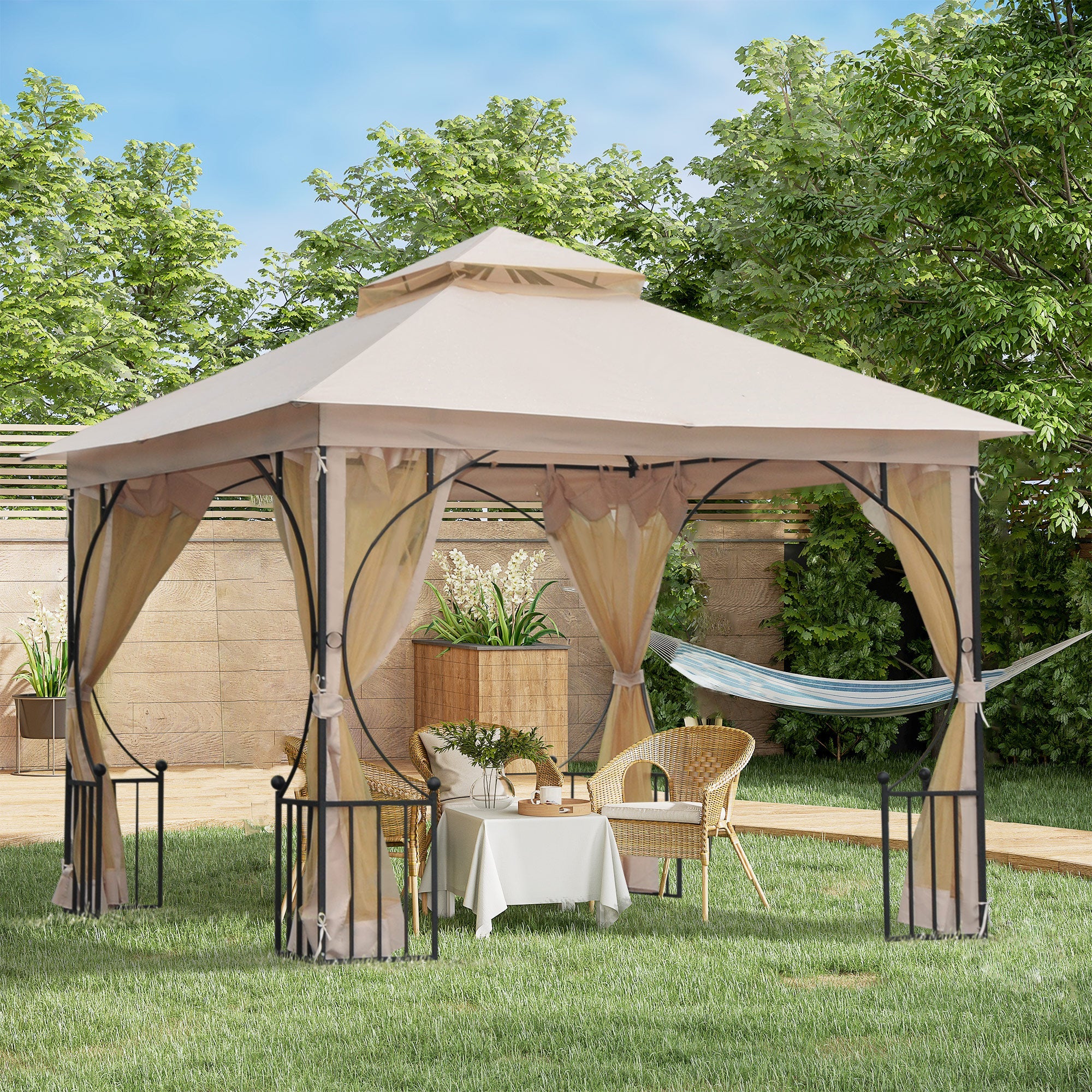 Outsunny 10'x10' Soft-top Steel Patio Gazebo Canopy for with Double-tier Top, Mosquito Netting, Beige