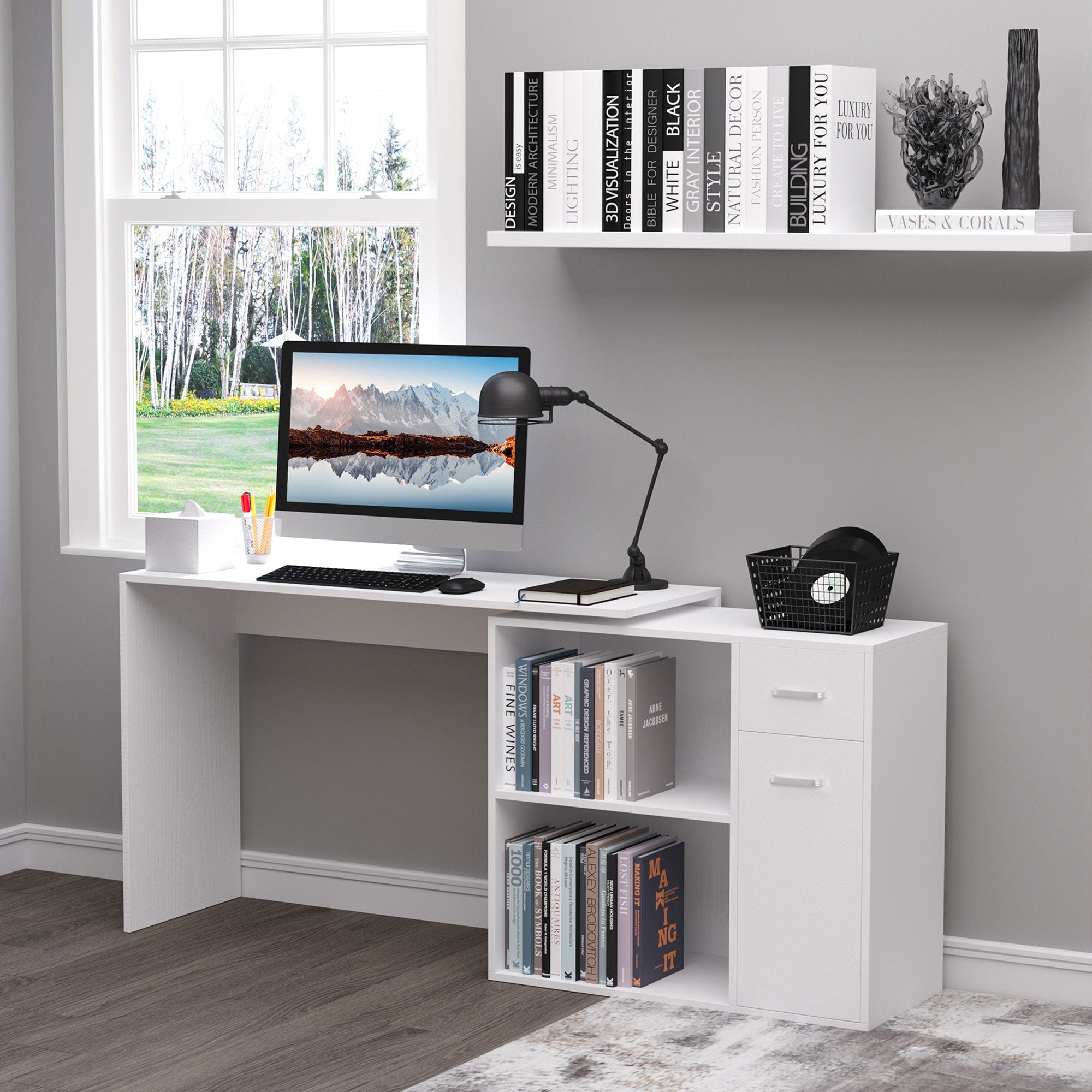 HOMCOM L Shaped Desk Corner Computer Table with Storage Cabinet Shelf Study Writing Home Office White