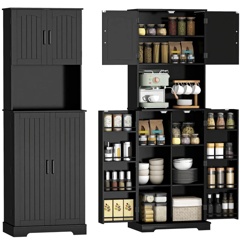 71.5" Tall Pantry Cabinet, Farmhouse Kitchen Storage Cabinet with Adjustable Shelves, 8 Door Spice Racks, Black