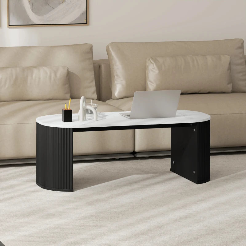Coffee Table, Modern Marble-Effect Living Room Table with Round Corners and Thicken Legs, Black