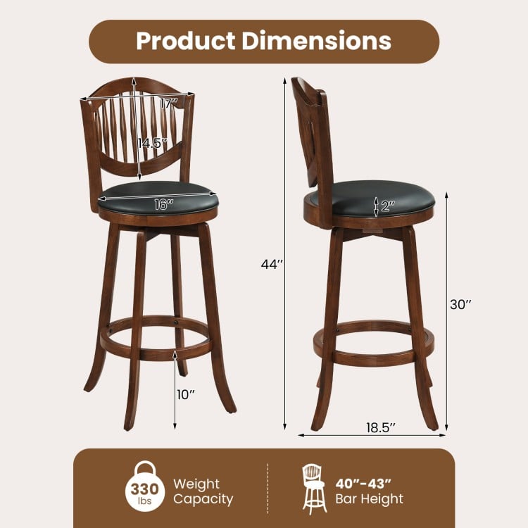 Swivel Bar Stools Set of 2 with Backrest and Wood Frame-30 Inches