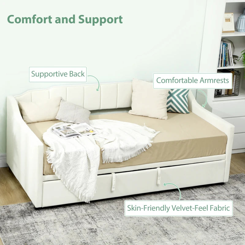 Upholstered Twin Trundle Bed, Extendable Twin to King Day Bed with Headboard and Armrests, Cream White