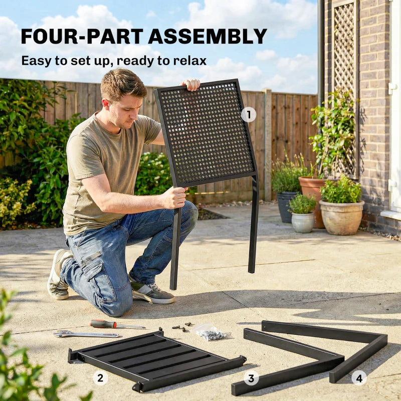 Stackable Patio Chairs Set of 2, Outdoor Dining Chairs with Faux Wicker Steel Mesh Back, Slatted Seat, Armrests, Black