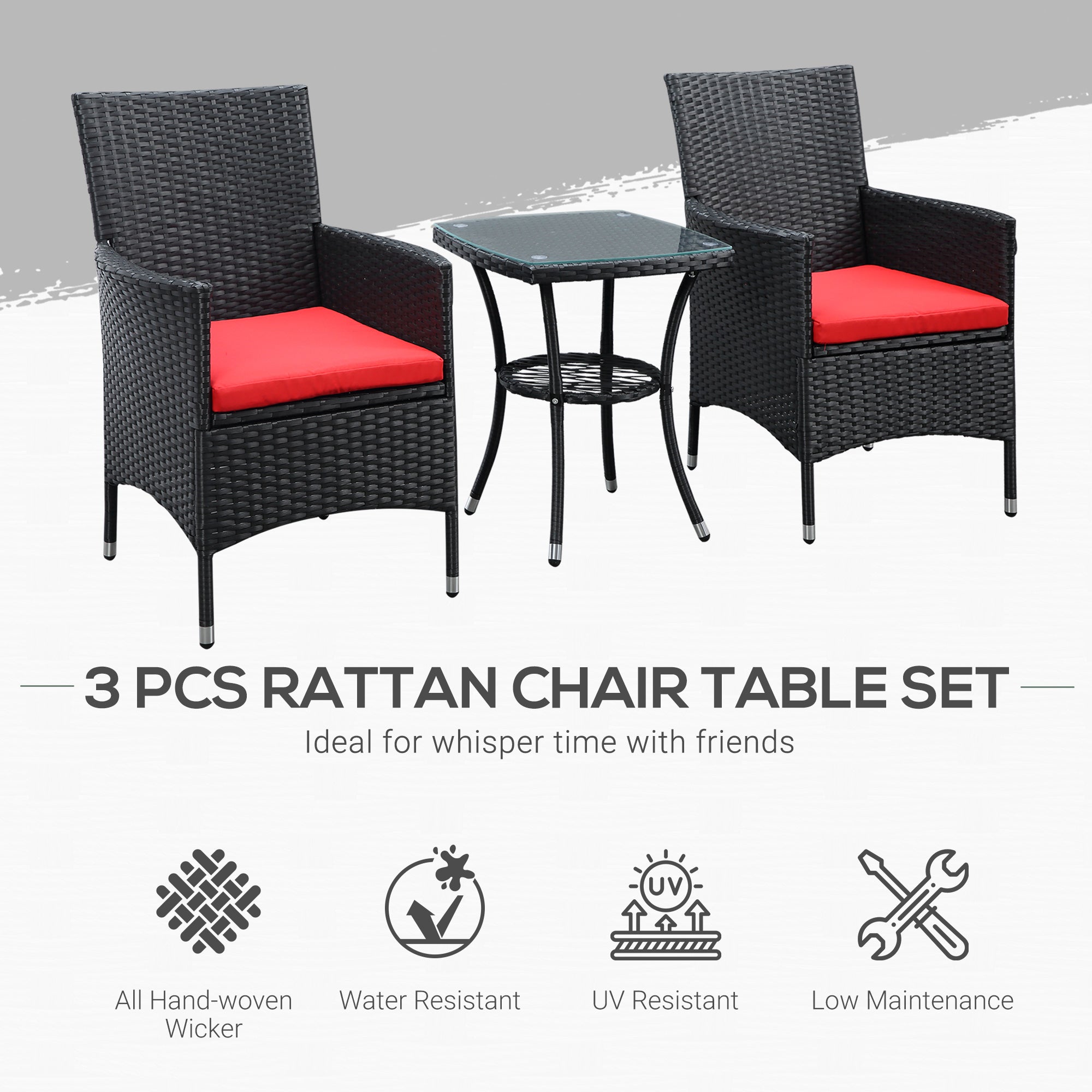 Outsunny 3PC Rattan Bistro Set Outdoor Garden Furniture 2 Armchair Glass Top Coffee Table Wicker Black