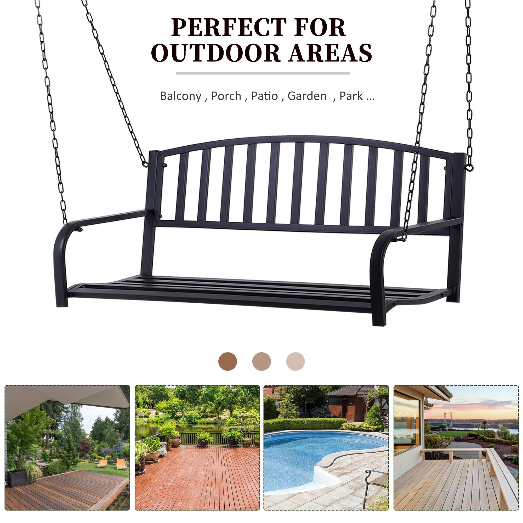 Outsunny 50" Porch Swing Bench Lounger: Outdoor Hanging Glider Chair Steel Frame Black