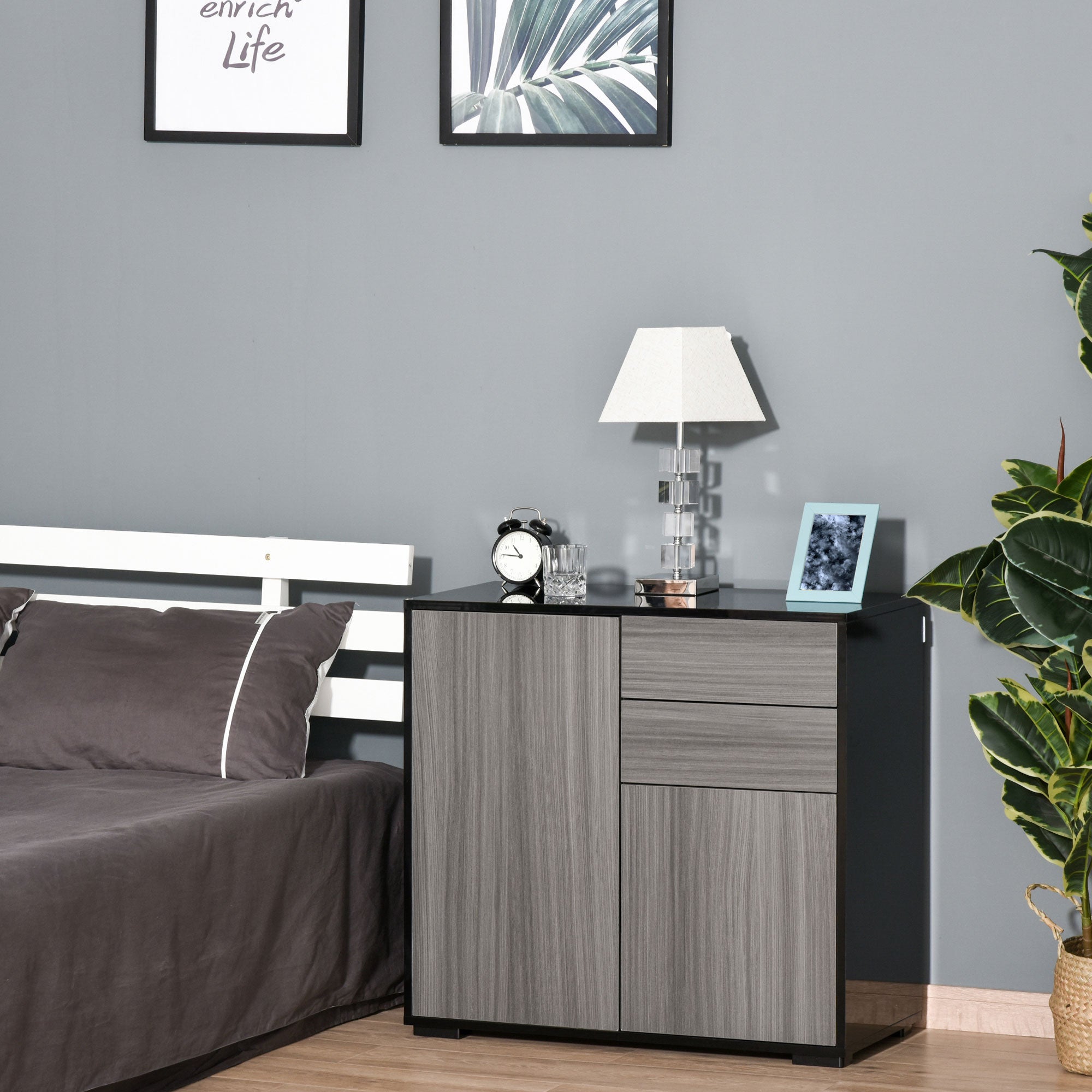 HOMCOM Stylish Buffet Sideboard High Gloss Grey Black Kitchen Storage Cabinet Cupboard with Push Open Design 2 Drawer 2 Doors Shelf