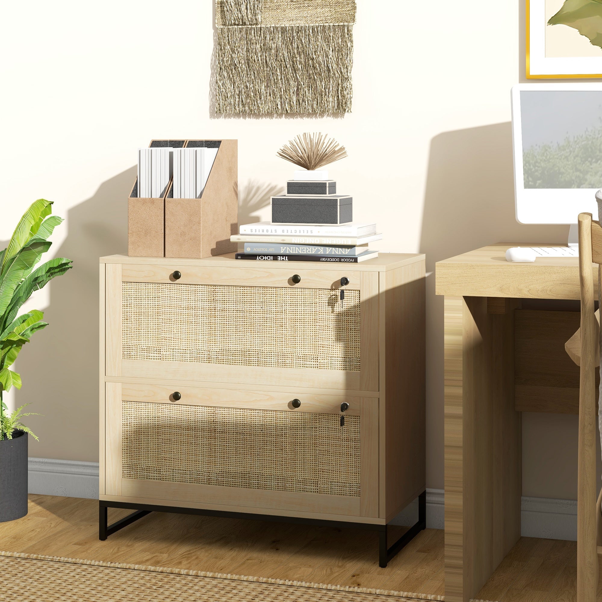 Vinsetto Boho Lockable 2 Drawer File Cabinet Adjustable Bar for Letter A4 Legal Size Natural Office Storage