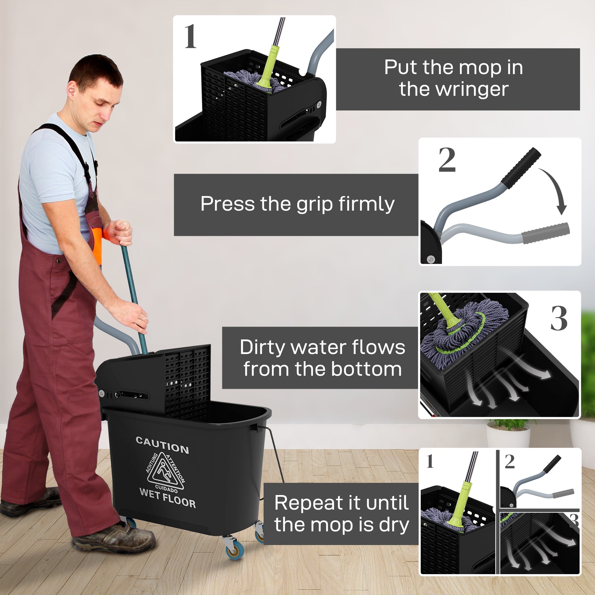 HOMCOM Mop Bucket with Wringer, Mop Bucket on Wheels for Floor Cleaning, 5 Gallon, Separate Dirty and Clean Water, Black